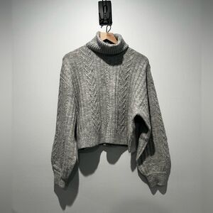 H&M Divided Light Grey Knit Turtleneck Puff Sleeve Sweater S